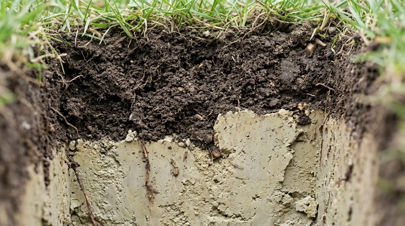 Close-up soil profile slice from a UK lawn showing dark topsoil over a pale dense compacted clay layer