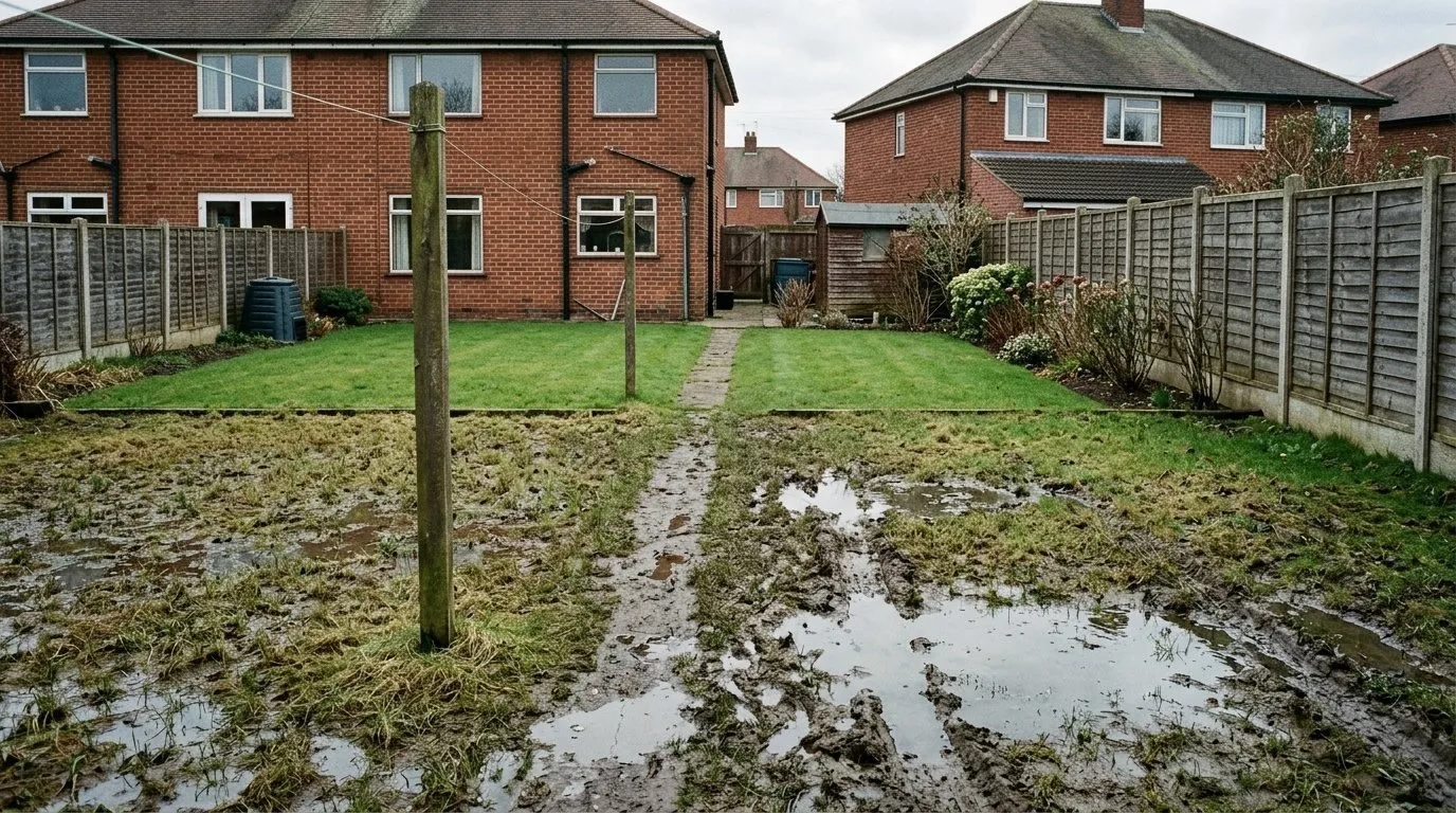 Waterlogged UK lawn with standing water in the foreground and dry firm turf a few metres away on the same soil type