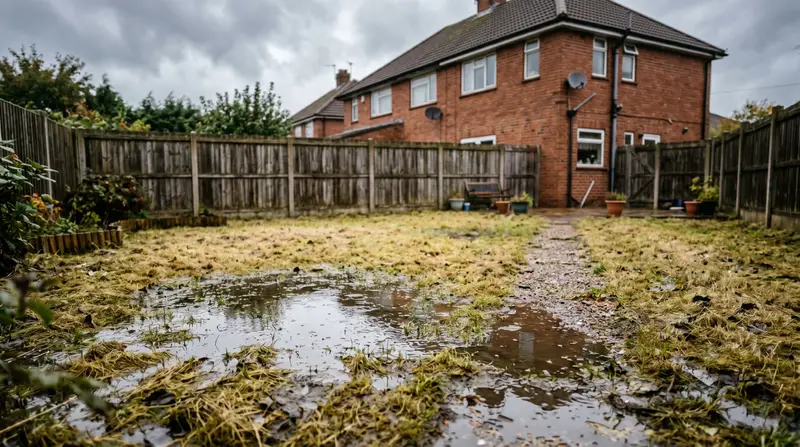 Waterlogged UK back lawn on clay soil with standing puddles after heavy rain, brick house and fence behind