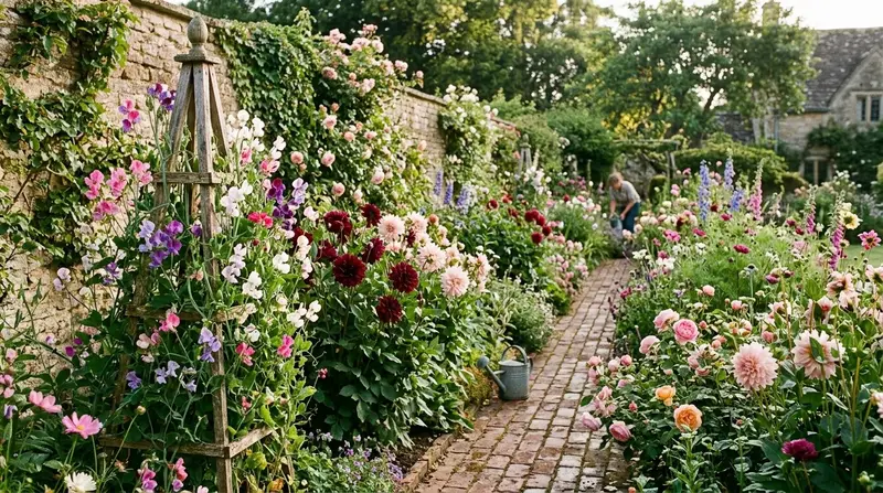 Wedding flowers growing in an English cutting garden with sweet peas on an obelisk and dahlias along a brick path