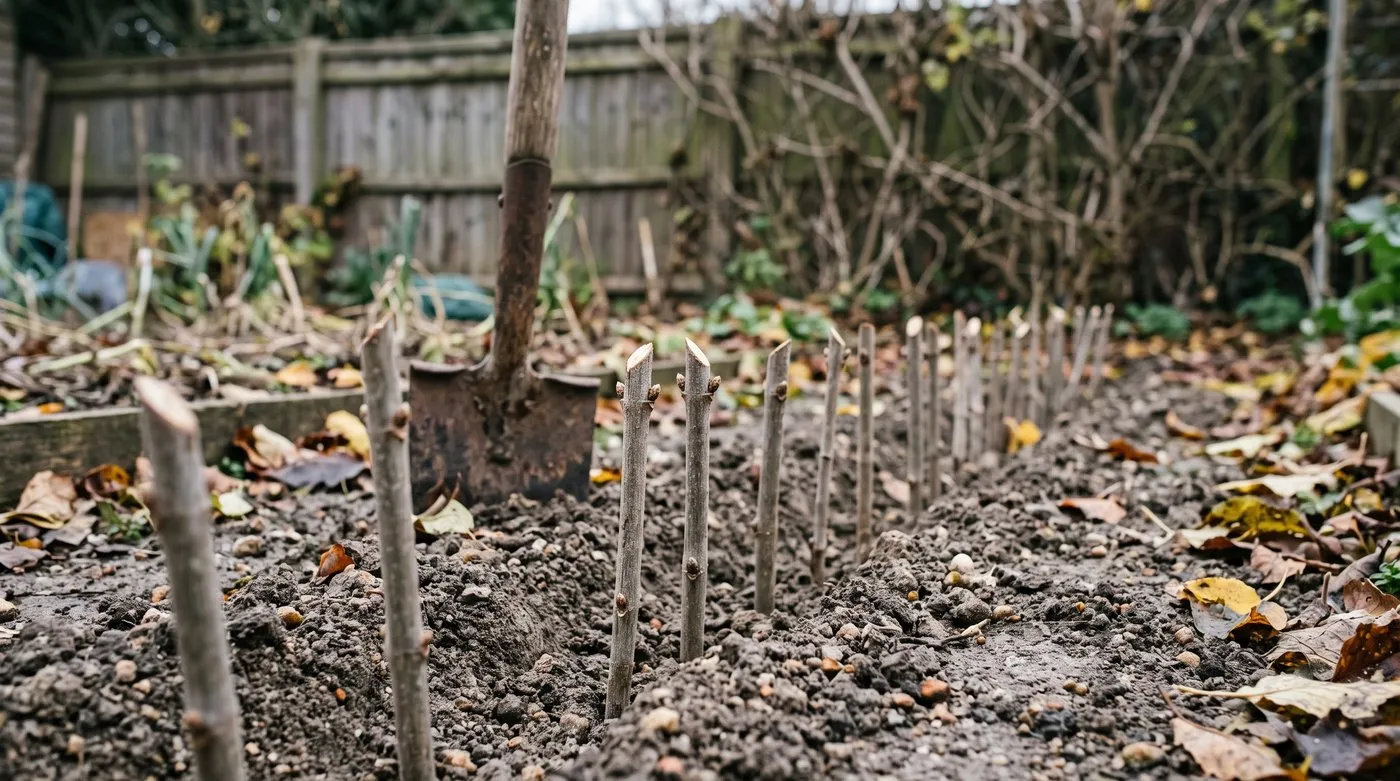 Weigela hardwood cuttings pushed two-thirds deep into a slit trench in November