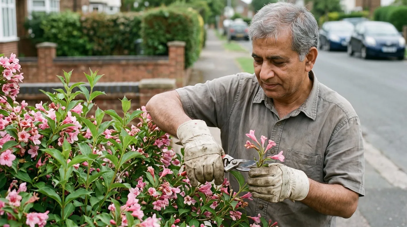 Gardener pruning a weigela stem back to strong buds just after flowering in late June