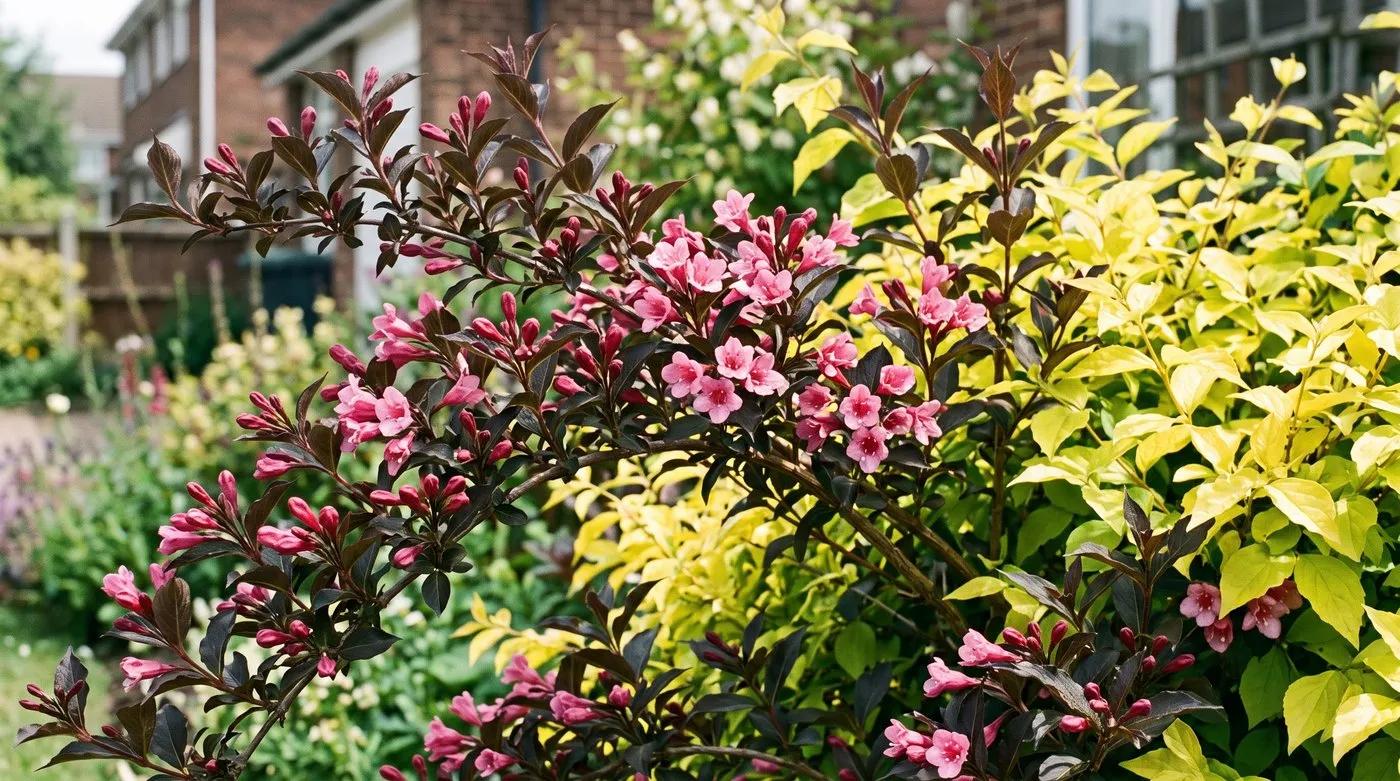 Weigela Wine and Roses with dark purple leaves and pink trumpet flowers beside golden foliage
