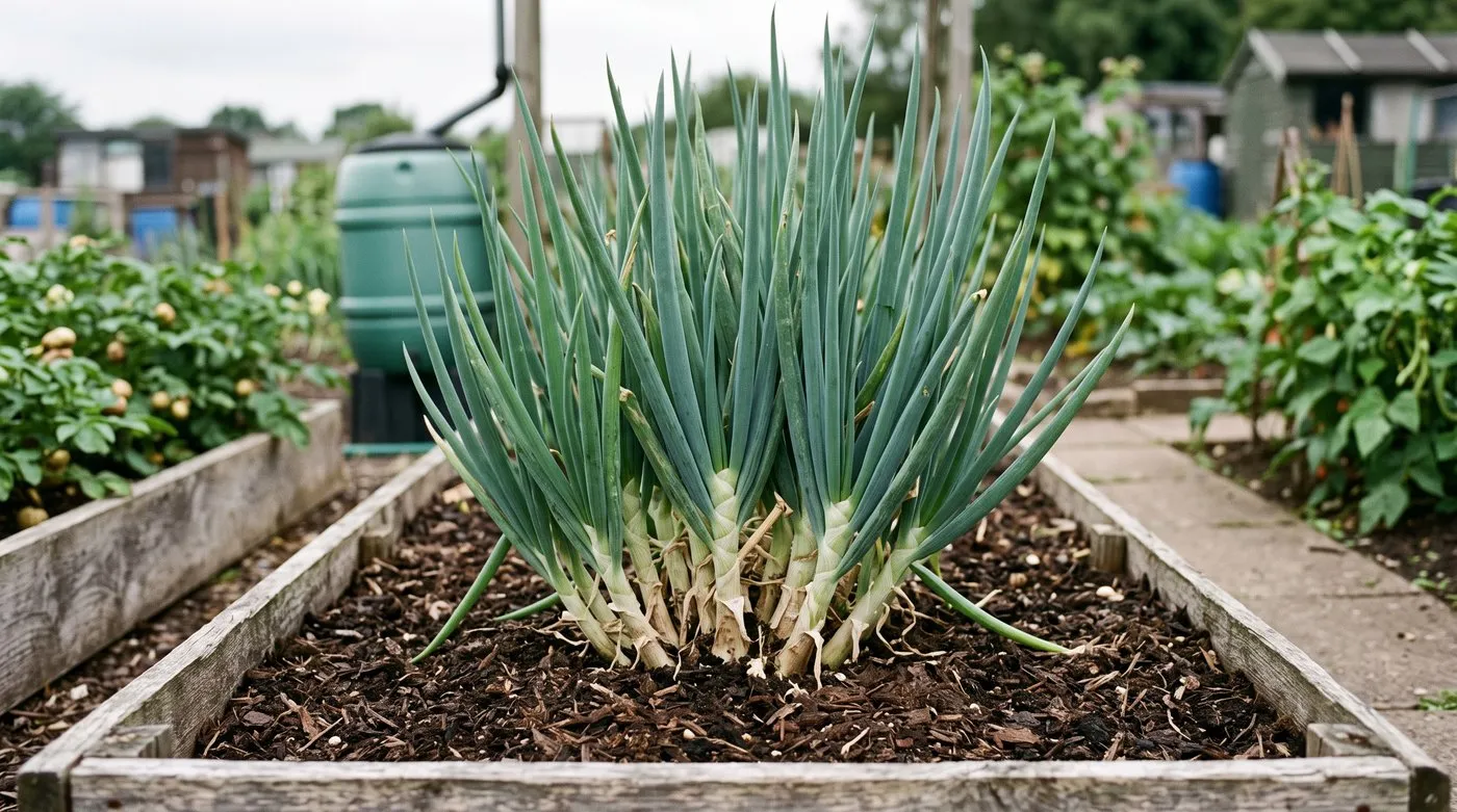A dense established clump of Welsh onions with thick hollow blue-green leaves growing in a raised allotment bed