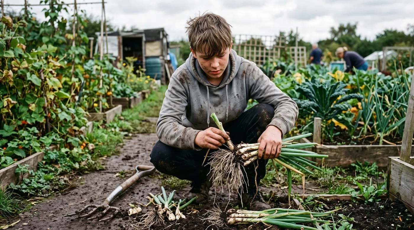 A white British teenage boy pulling a lifted Welsh onion clump apart into smaller divisions on an allotment path