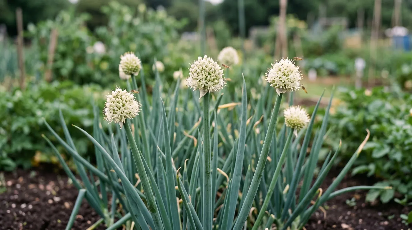Creamy white spherical Welsh onion flower heads on hollow stems above a clump of blue-green foliage