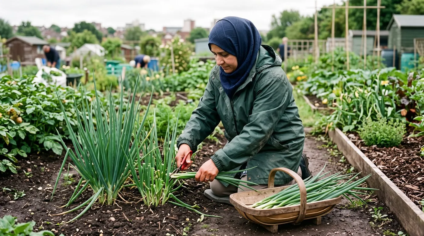 A British Pakistani woman in her 40s wearing a hijab cutting Welsh onion leaves with scissors on an allotment bed