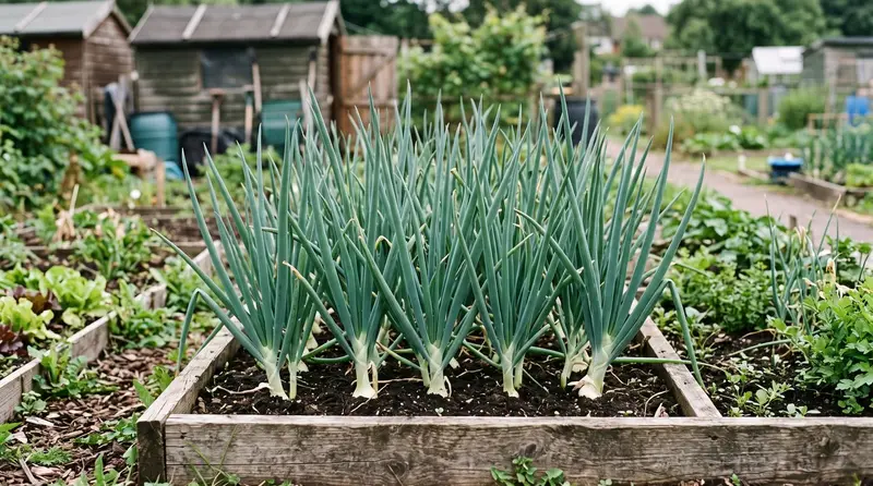 Welsh onions growing as a dense perennial clump of hollow blue-green leaves on a Birmingham allotment bed