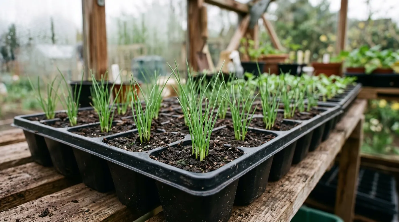 Welsh onion seedlings growing in modular trays, six to eight fine grassy shoots per cell ready to plant as mini-clumps