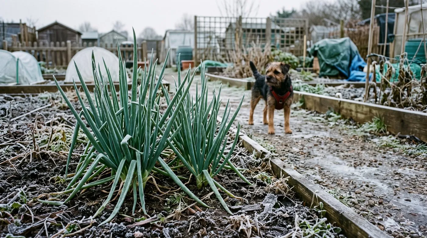 Welsh onion clumps standing green in frost on a Birmingham allotment in January with a terrier dog on the path