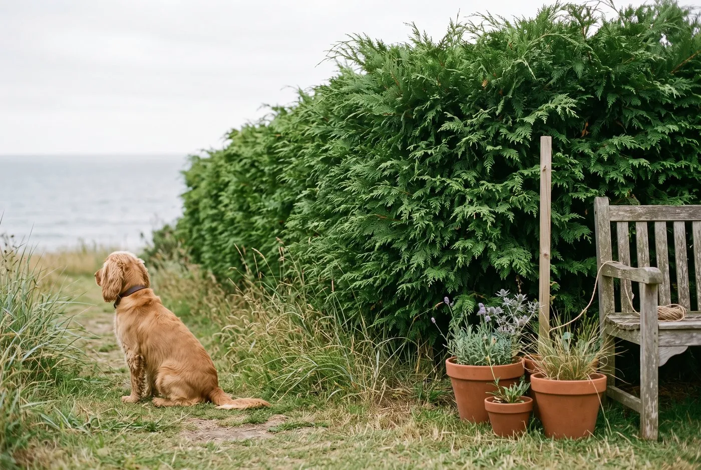 A golden cocker spaniel sitting on grass beside a maturing western red cedar hedge in a seaside UK garden