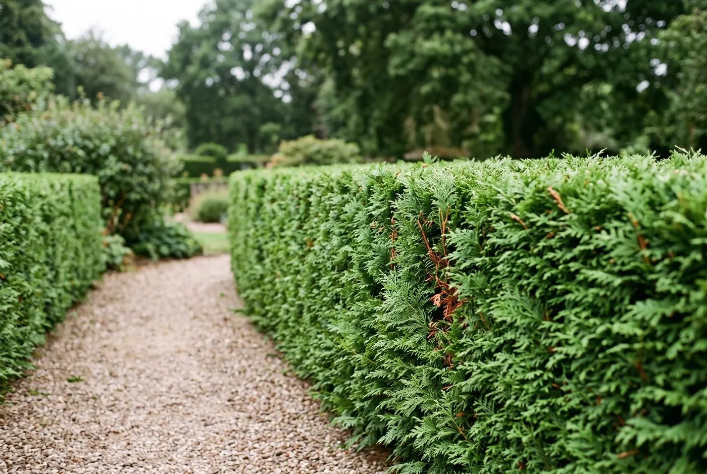 Low formally clipped western red cedar hedge with a crisp flat top edging a gravel path in a country garden