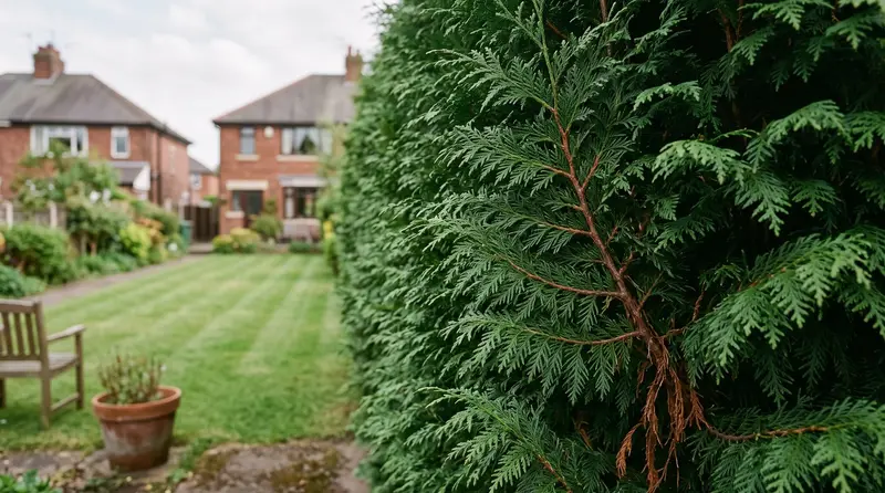 Western red cedar hedge with flat scale-leaf sprays screening a red brick suburban garden boundary