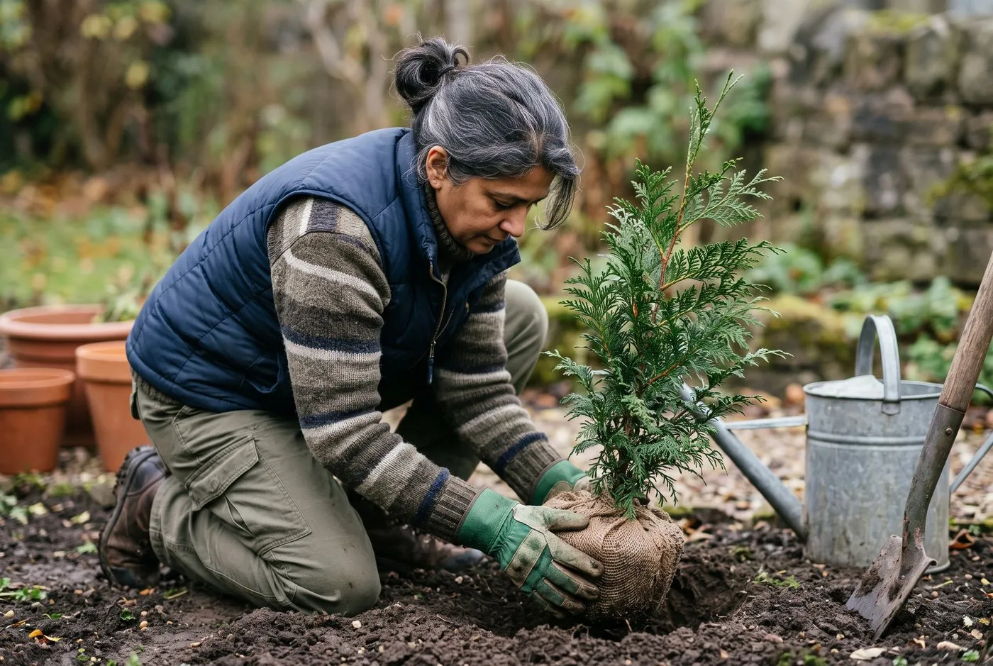 A British Indian woman in her fifties planting a rootballed western red cedar in a walled garden border