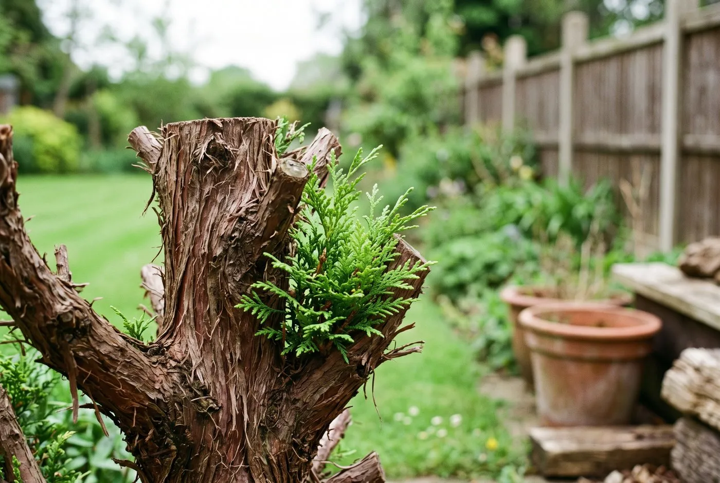 Fresh green shoots breaking from the old bare brown wood of a hard-cut western red cedar stem