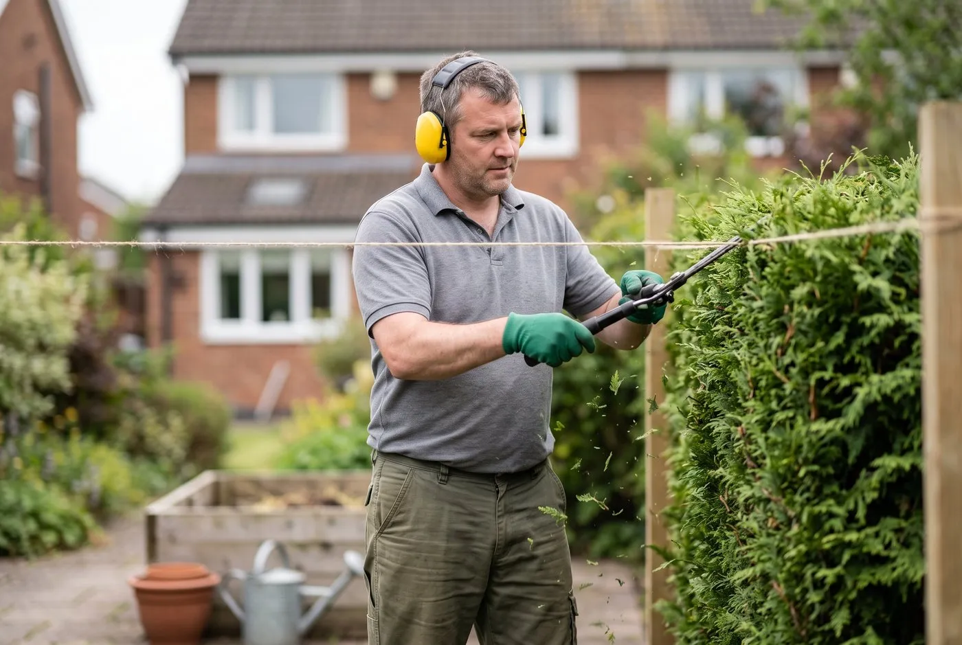 A man in his forties trimming a western red cedar hedge to a string line, wearing ear defenders and garden gloves