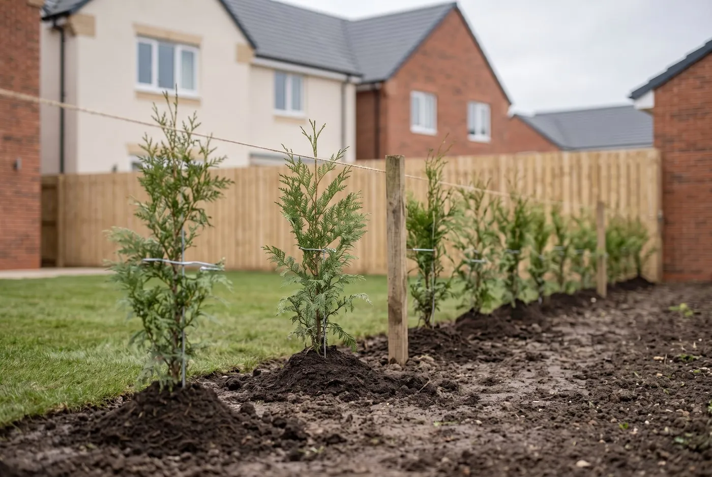Row of young western red cedar plants newly planted along a string line at a new-build garden boundary