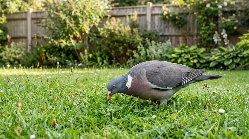 A large grey wood pigeon with a white neck patch and pink breast feeding on a green suburban lawn in summer light