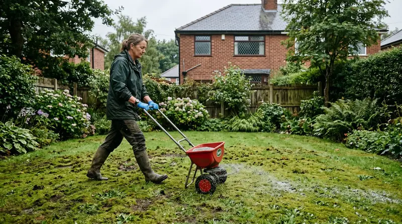 Moss-flecked back lawn in a damp Lancashire garden before a lawn sand treatment