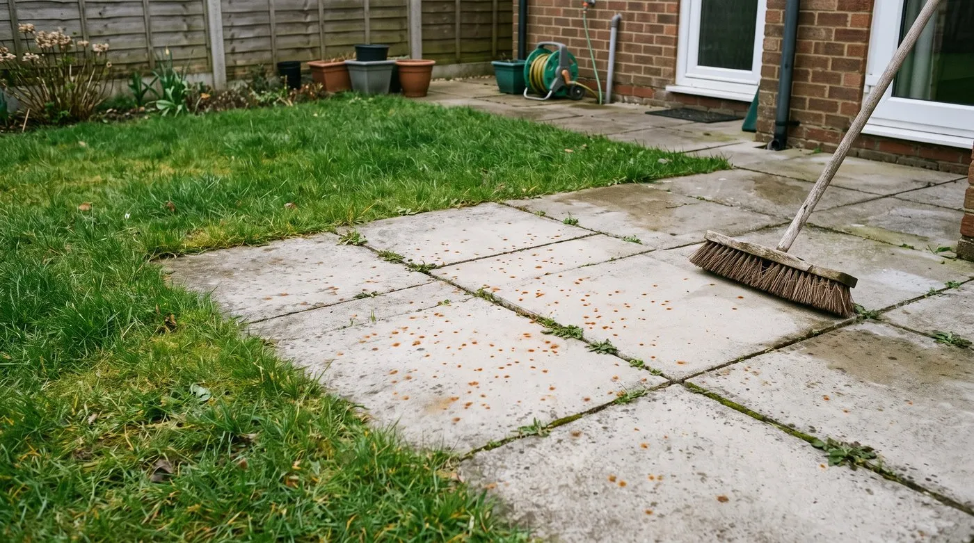 Rusty brown spots on pale patio slabs next to a lawn where lawn sand granules got wet