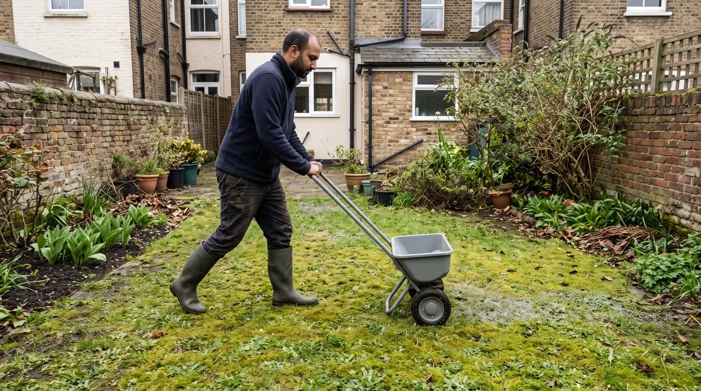 Man pushing a wheeled spreader across a mossy lawn on a dry, overcast spring day