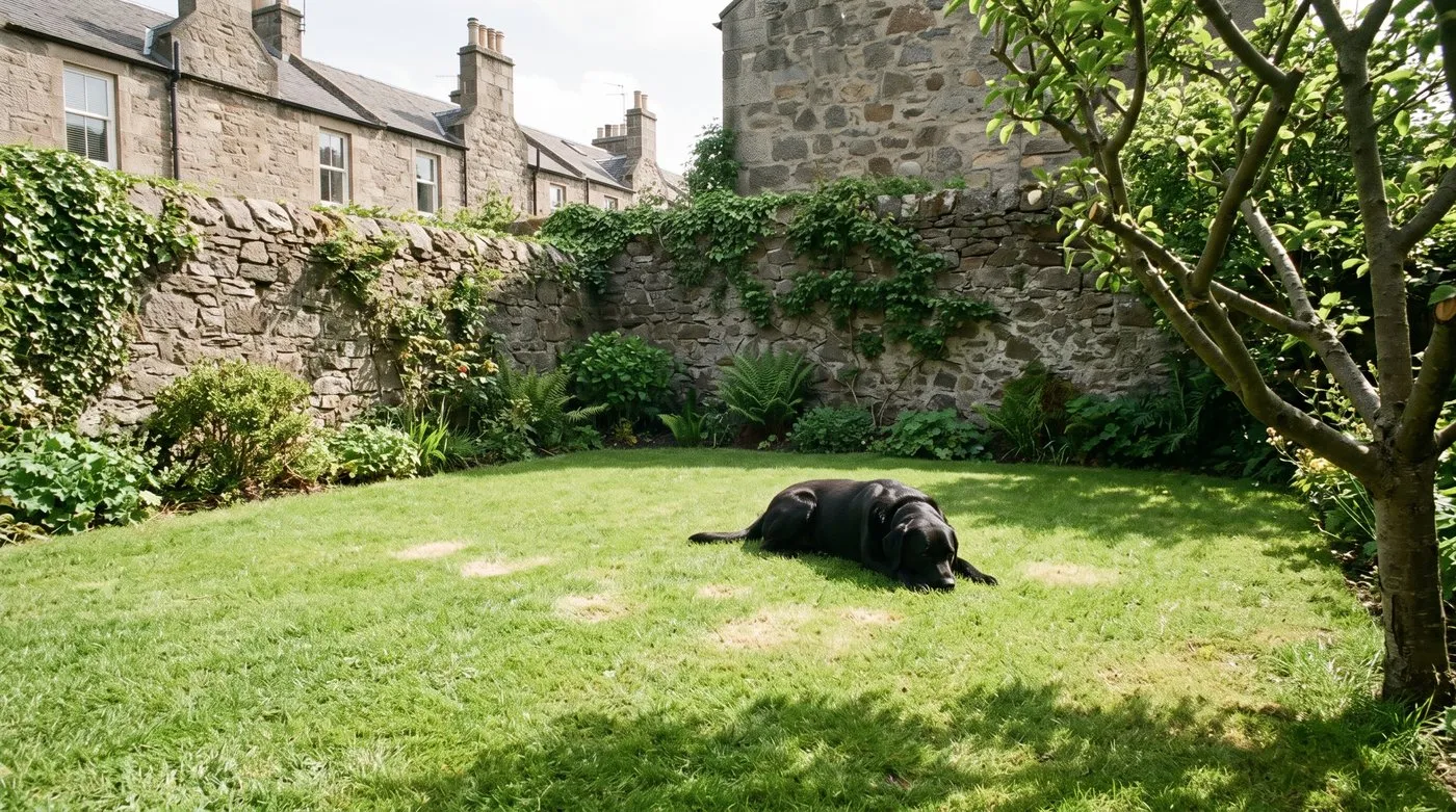Thick green lawn in a small back garden with a black Labrador lying on the grass