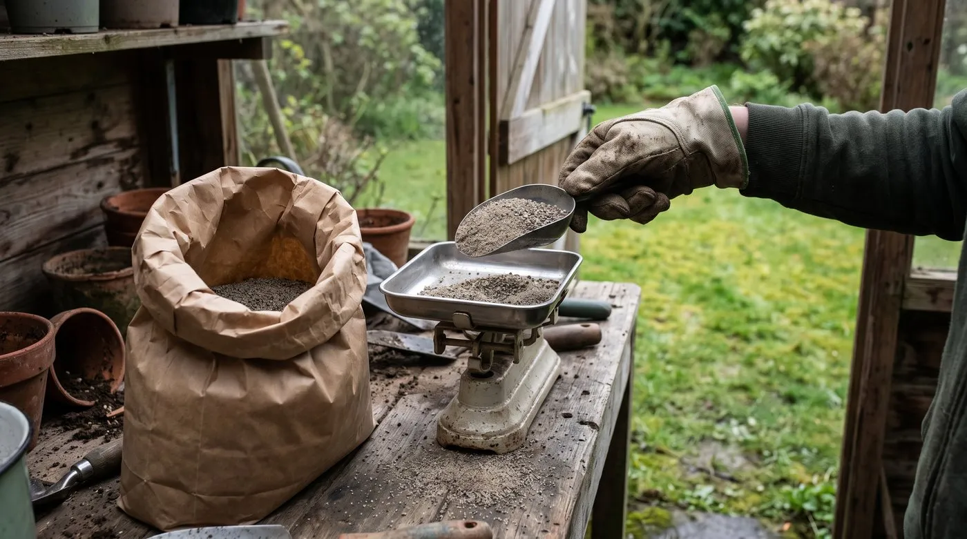 Gloved hand weighing out grey lawn sand granules on a kitchen scale in a garden shed