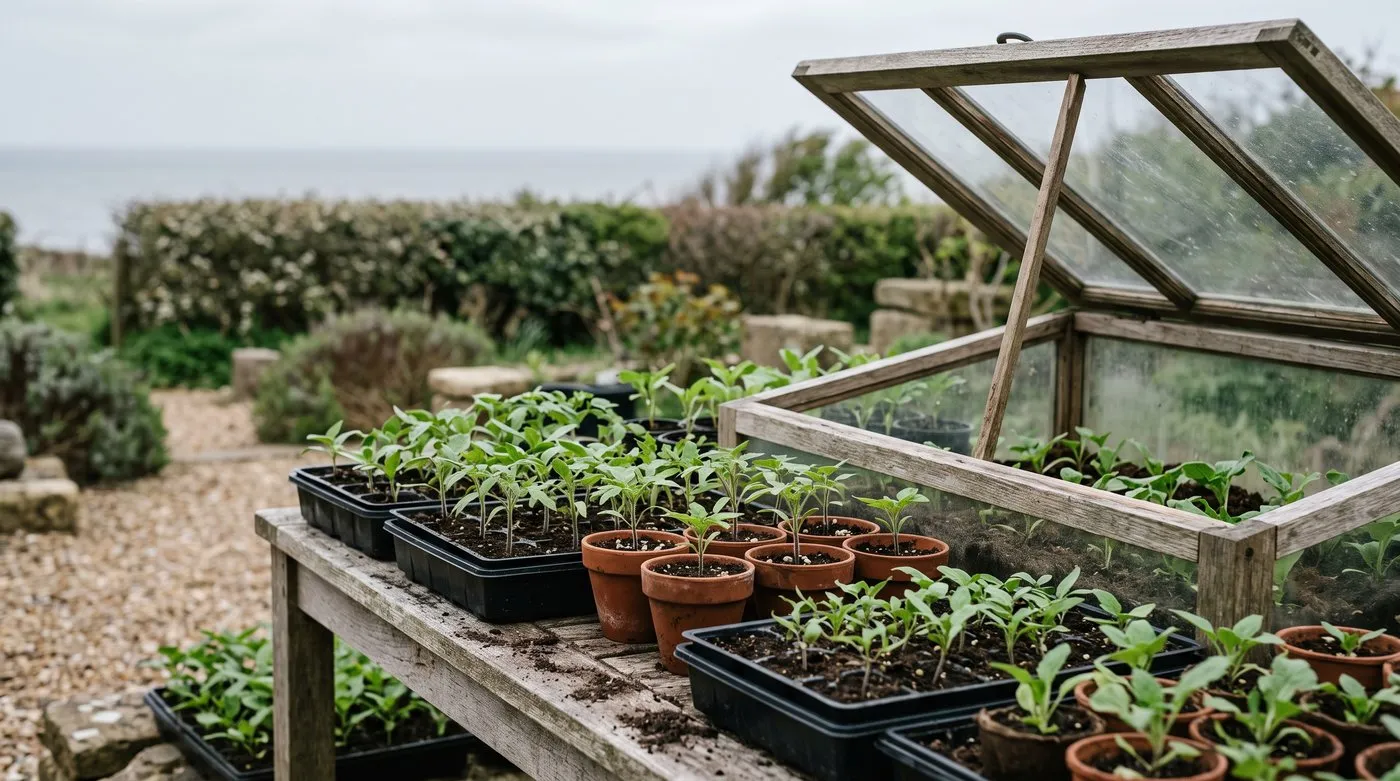 Seedlings in trays on a bench beside an open cold frame in a Norfolk seaside garden in April