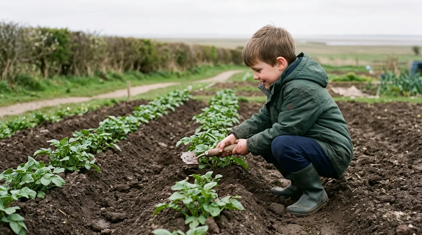 A white British boy around seven earthing up potato rows with a small spade in an April vegetable plot