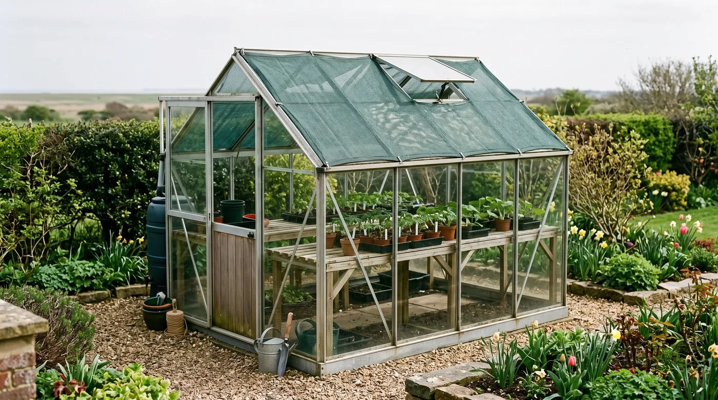 A small greenhouse in April with 40 percent shade netting fitted and roof vents propped open