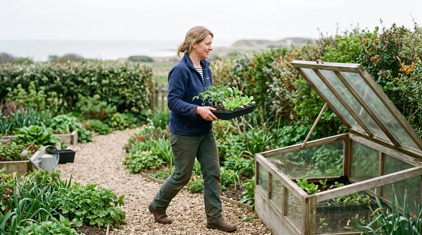 A white British woman in her 40s carrying a seed tray to a cold frame during hardening off in April