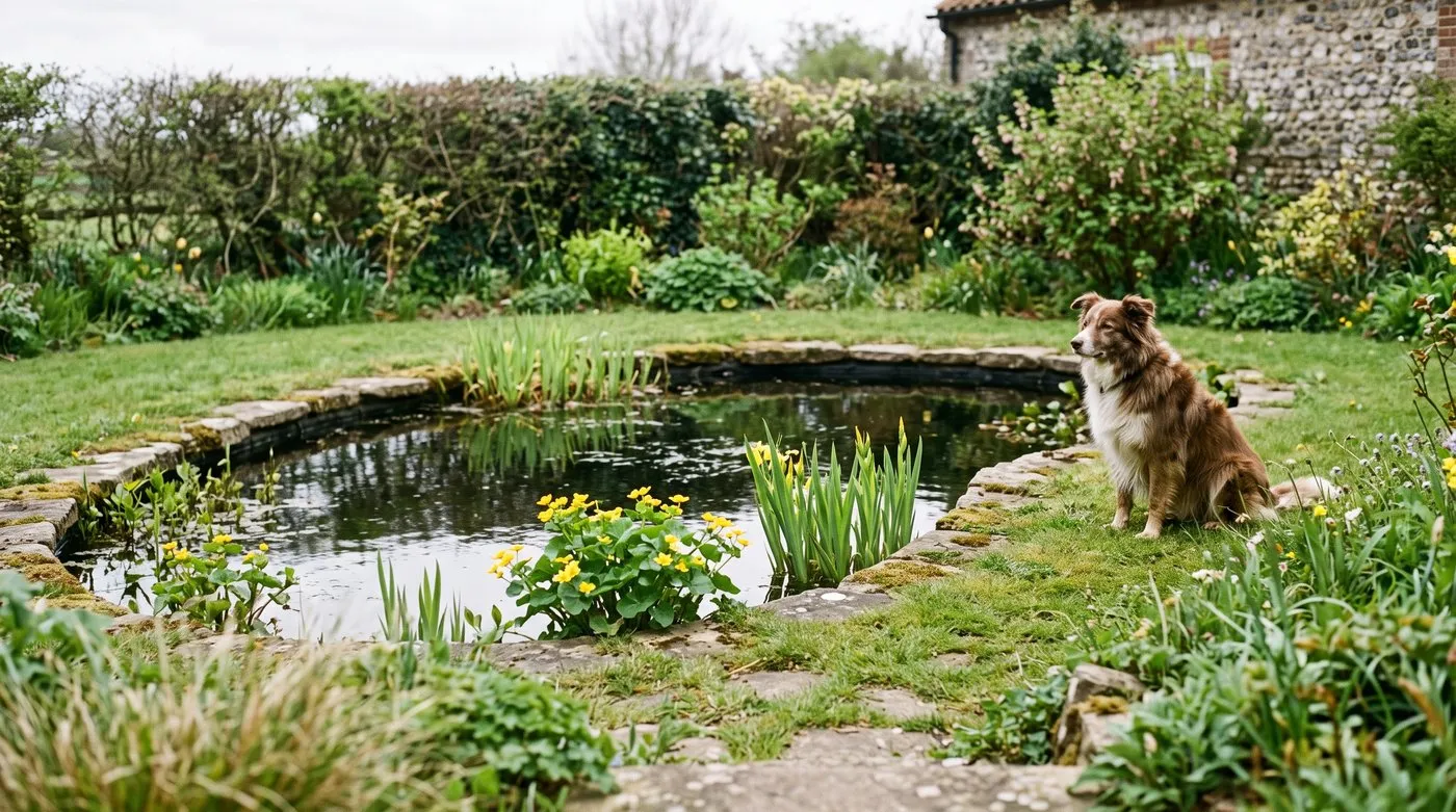 A small garden pond in April with marginal plants regrowing and a dog sitting on the grass beside it