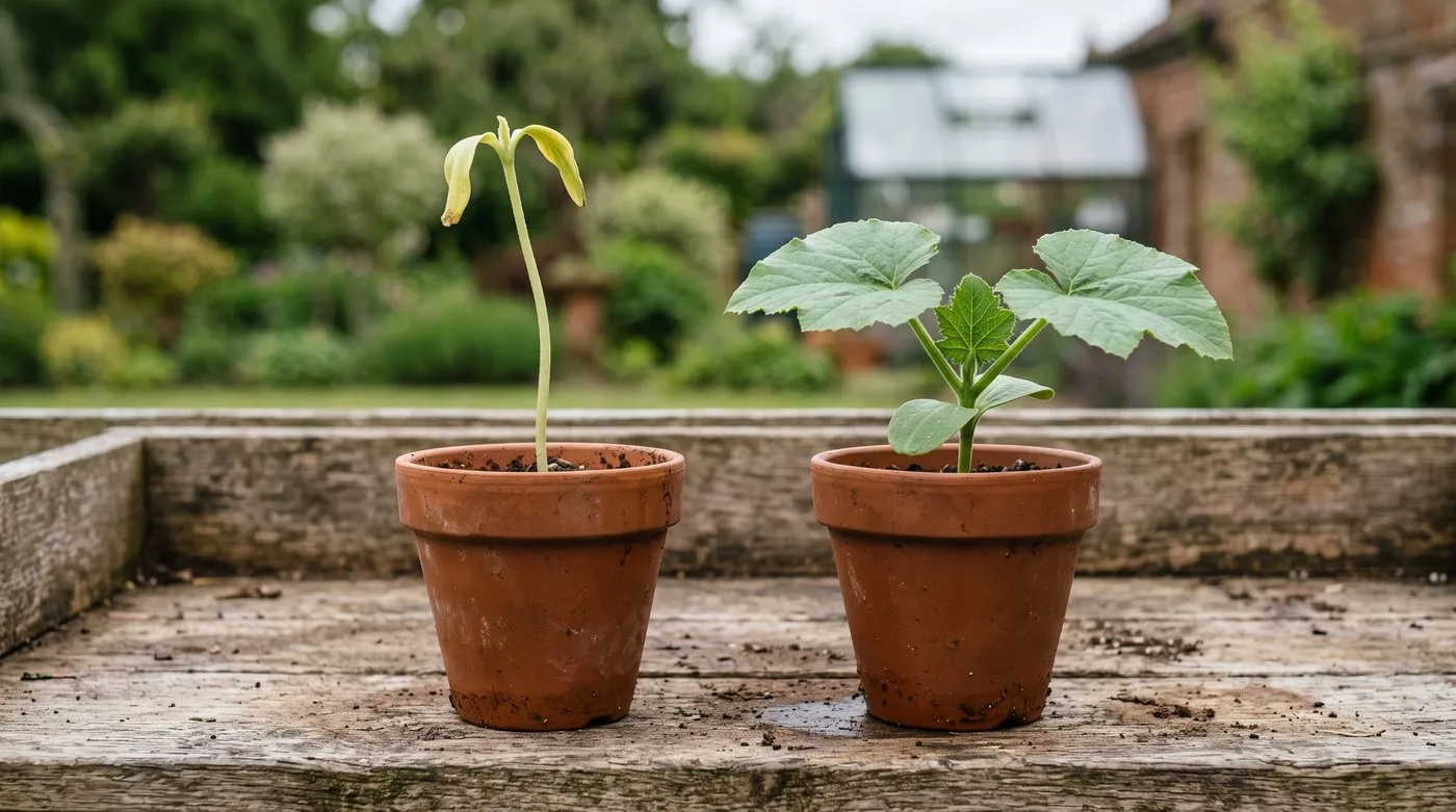 Two courgette seedlings side by side in April, one leggy and pale from sowing too early and one short and sturdy