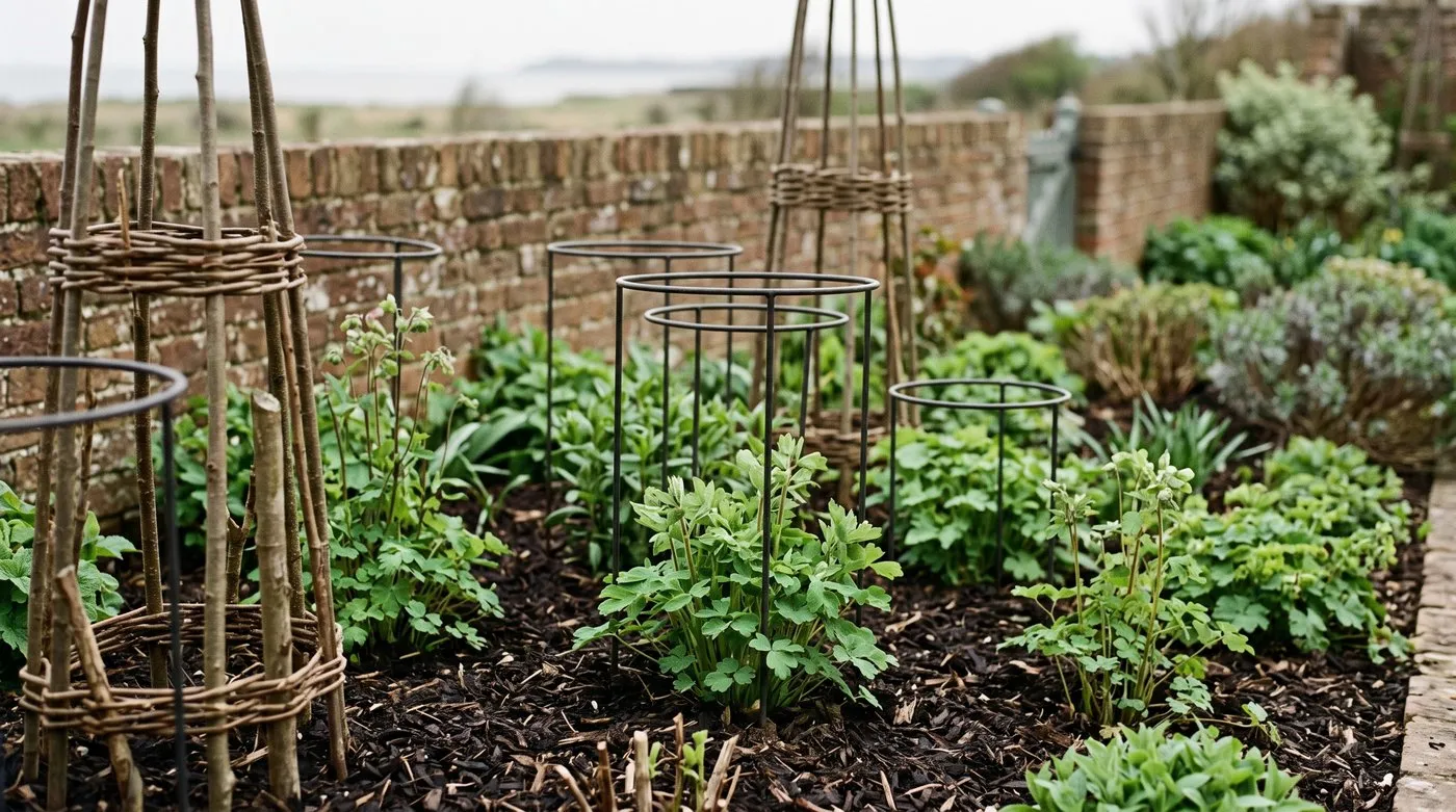 An April border with grow-through supports already in place among short perennial growth