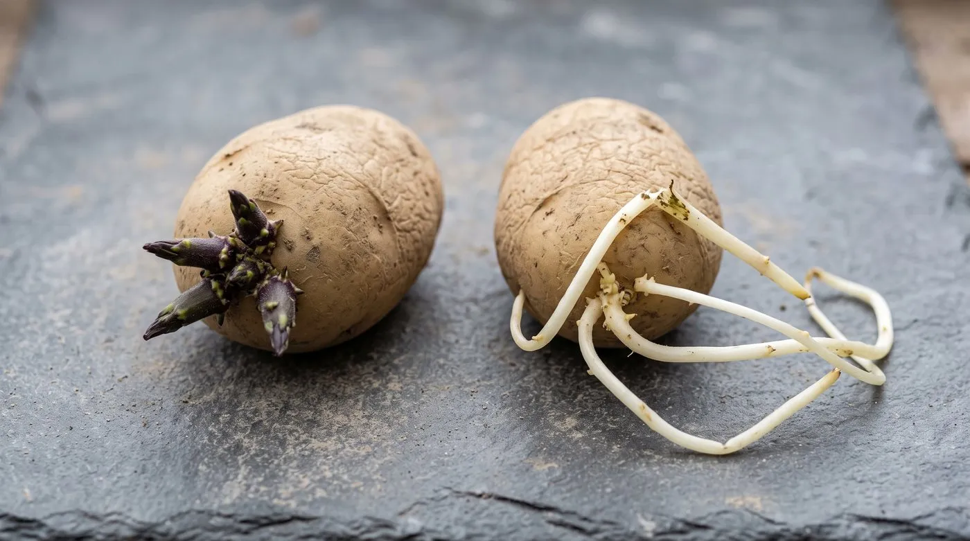 A close comparison of a correctly chitted seed potato with short dark shoots beside a badly chitted one with long pale sprouts