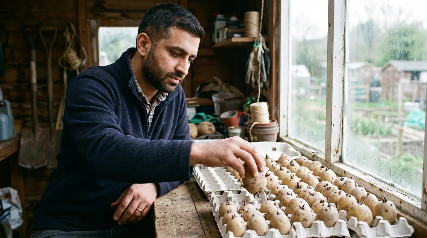 A British Pakistani man in his thirties setting out seed potatoes eyes-up in egg boxes on a bright allotment shed windowsill