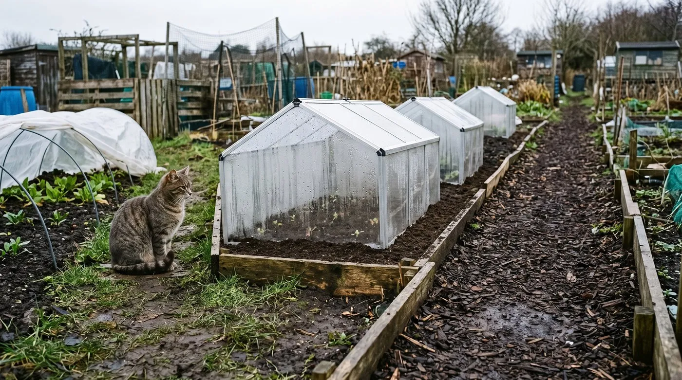 Rigid cloches and a low polytunnel warming prepared soil on a Sheffield allotment, with a tabby cat sitting on the path alongside
