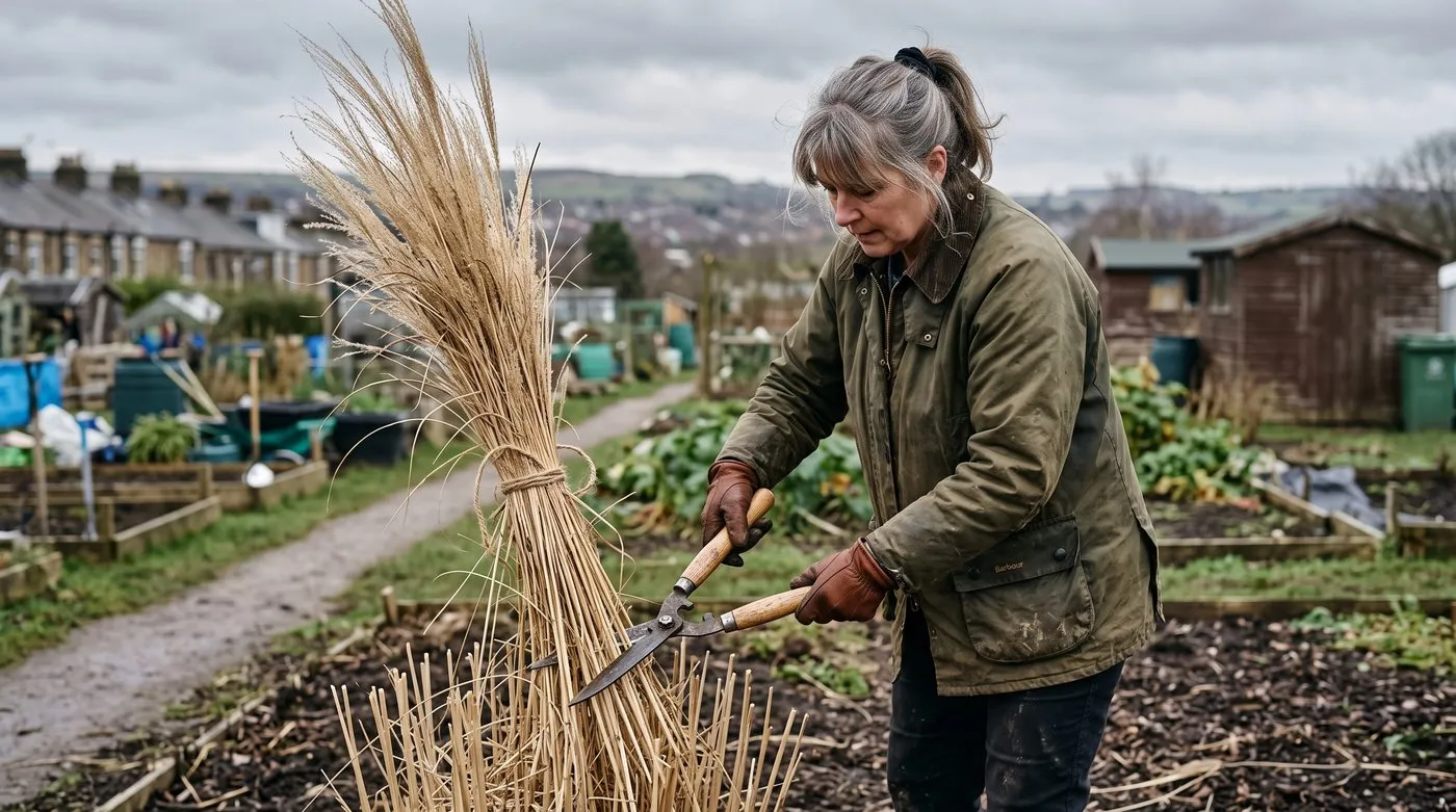 A white British woman in her fifties cutting back tall ornamental grasses with shears on a Sheffield allotment plot in February