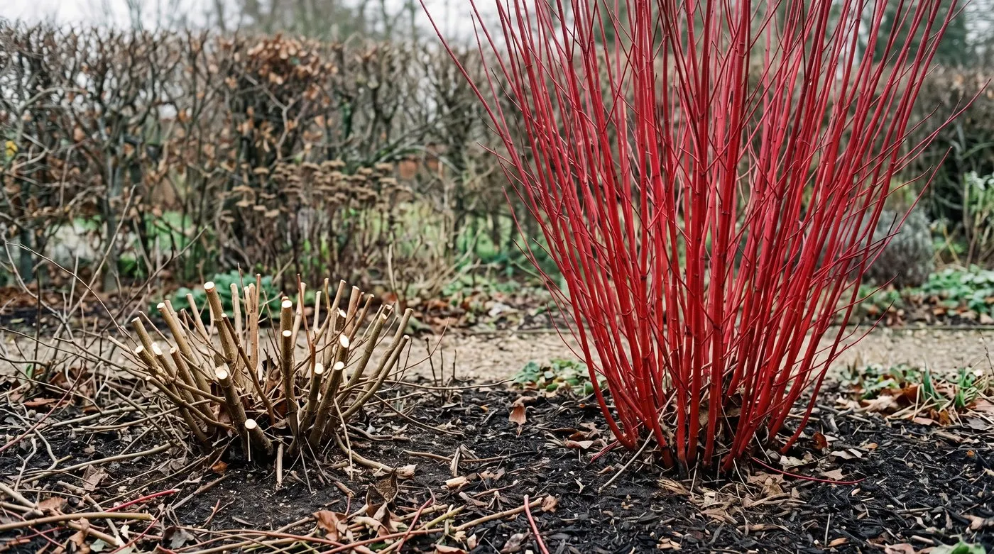 Freshly coppiced red-stemmed dogwood cut back to a low framework beside an uncut clump of bright winter stems
