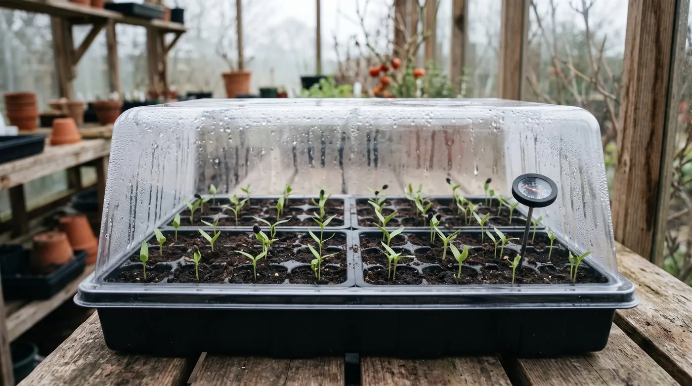 A heated propagator on a greenhouse bench with modules of newly germinated chilli seedlings showing rounded seed leaves