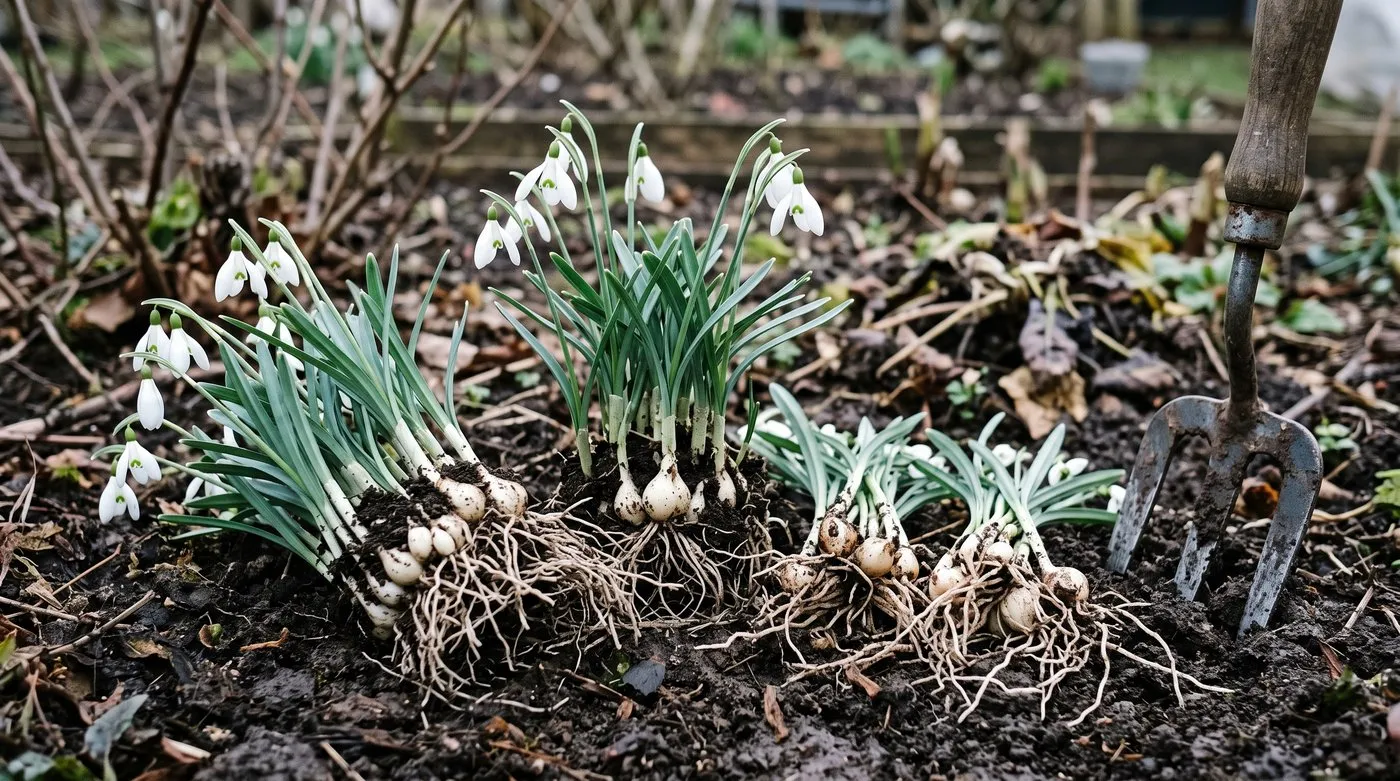 Snowdrop clumps lifted in the green with roots and leaves intact, being divided into small groups on a February allotment bed