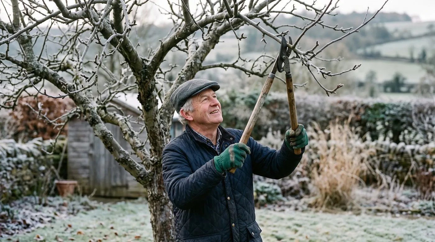 A white British man in his sixties winter-pruning an apple tree with loppers in a frosty Derbyshire garden