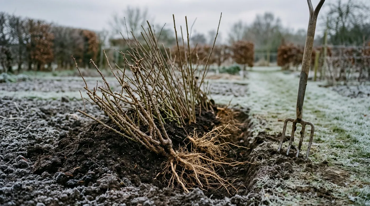 Bare-root roses and hedging whips heeled into a trench of compost in a January garden awaiting planting