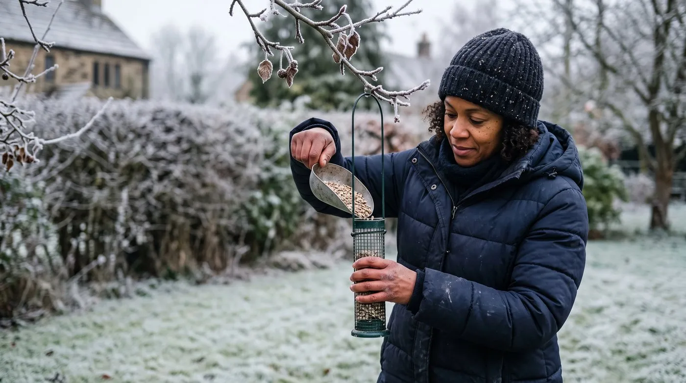 A Black British woman in her forties in a winter coat refilling a hanging bird feeder with sunflower hearts in a frosty garden