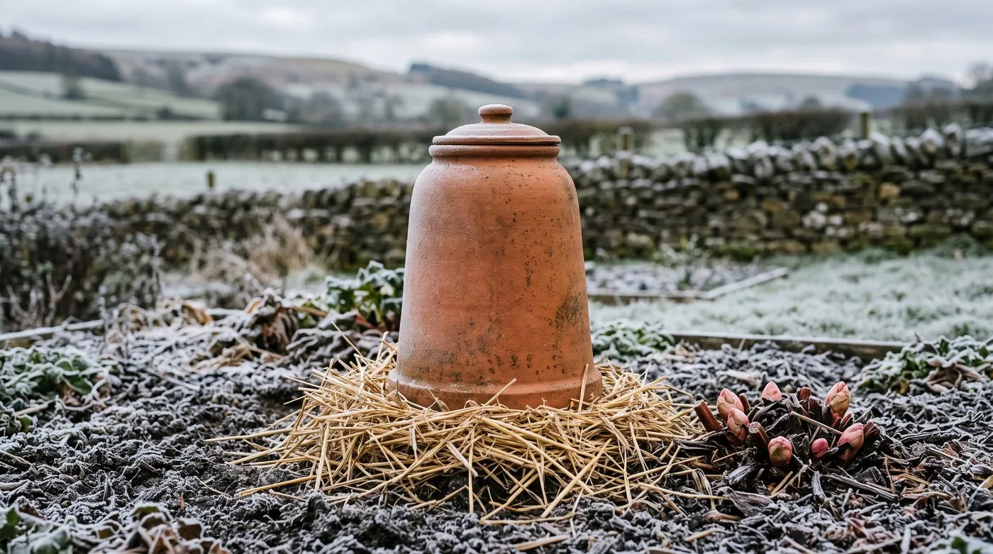A terracotta rhubarb forcer covering a crown in a frosted January vegetable garden with straw packed around the base