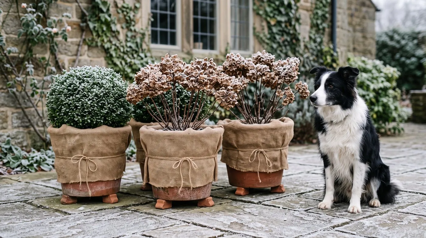 A frosted patio with terracotta pots raised on feet and wrapped in hessian, a Border Collie sitting beside them