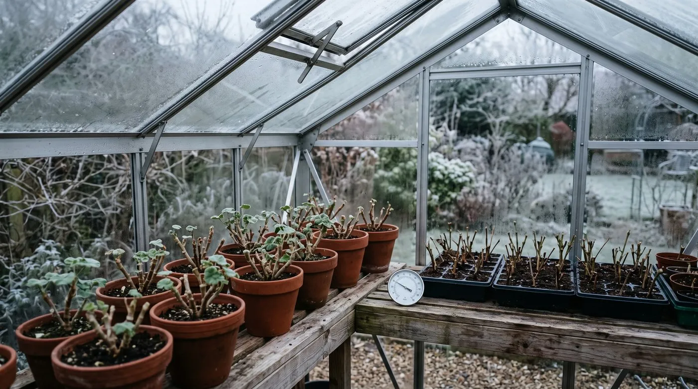 The interior of an unheated greenhouse in January with clean glass, overwintering pelargoniums and a soil thermometer on the staging