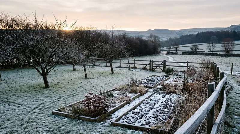 What to do in the garden in January: a frosted Derbyshire garden at first light with bare fruit trees
