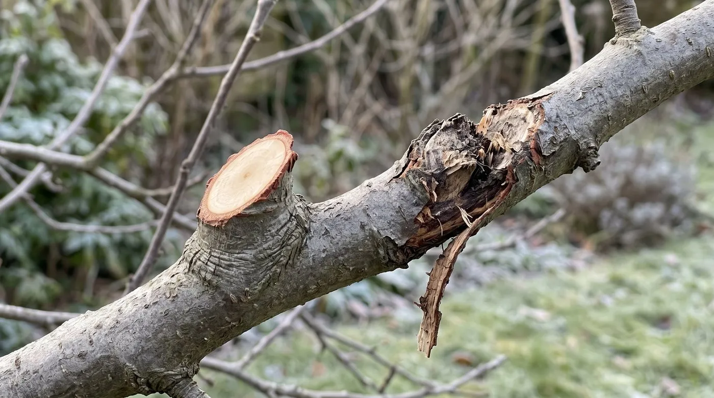 Close comparison of a clean pruning cut to a branch collar beside a torn flush cut on a fruit tree branch