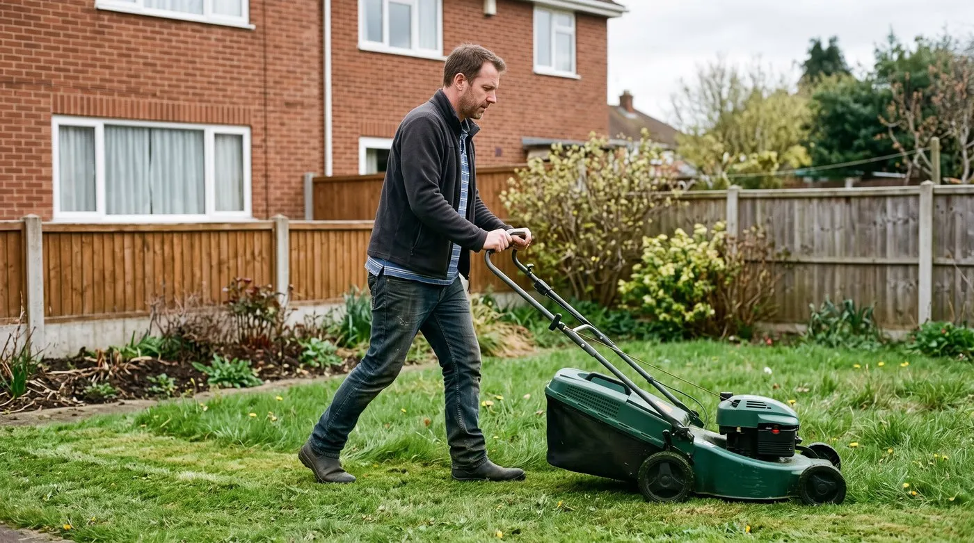 A white British man in his 40s giving a suburban lawn its first cut of March with the mower on a high setting